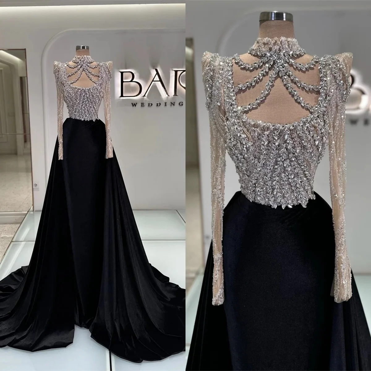 Anmutige Abendkleider, Stehkragen, Kristall-Abschlussballkleider mit Überröcken, Perlenstickerei, langen Ärmeln, Prinzessin, individuell gestaltet, Vestidos De Noche