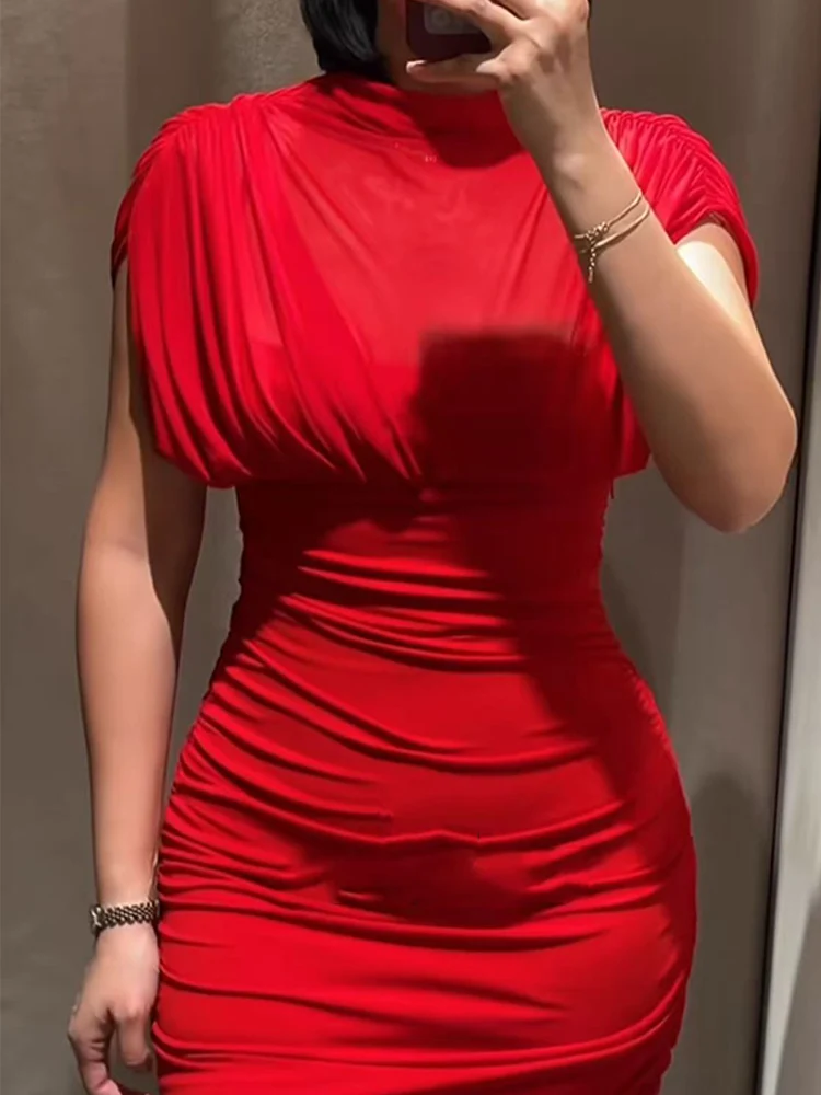 TFMLN Women Sexy Mesh Splice Mini Dress Pure Color Round Neck Sleeveless Dress New Summer Style Ladies Folds Elegant Short Dress