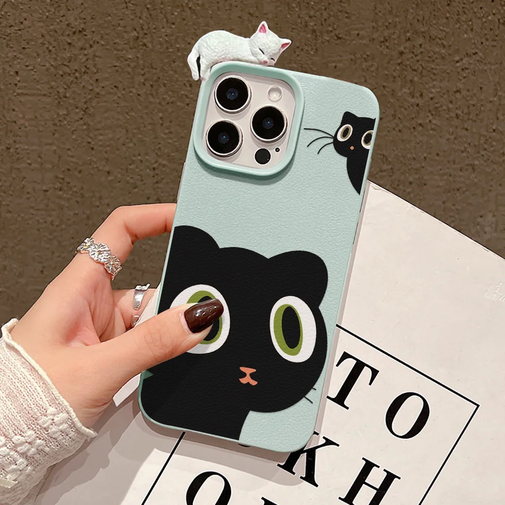 Funda de gato lindo 3D de dibujos animados para iPhone 17 Pro Max 11 16 12 13 14 15 Pro Max 17 Air 15 16 Plus Funda de cuero suave a prueba de golpes