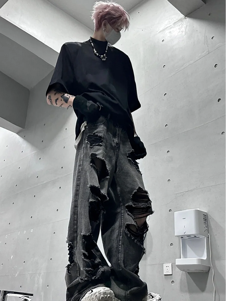 

Мужские джинсы High Street Hiphop в американском ретро-стиле с эффектом потертости и прямым кроем, расклешенные, летняя новинка