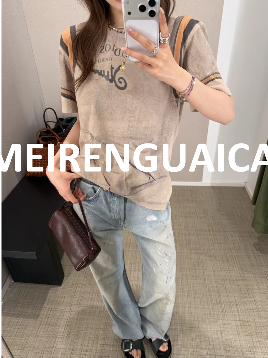Nordic Street Style Vintage Printed round Neck Short Sleeve T-Shirt Women's Simple Versatile Worn-In Look Breathable Comfortable