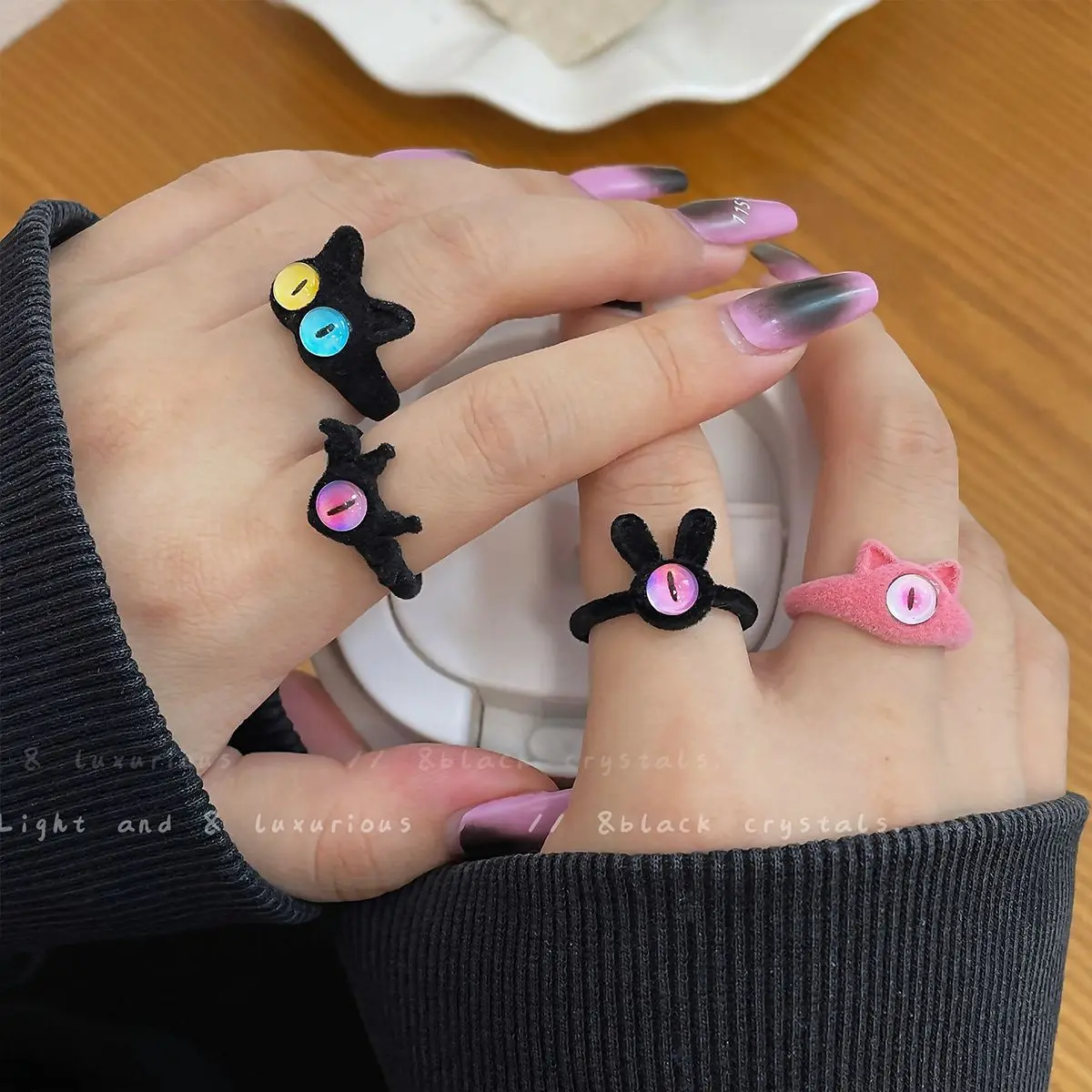 Flocked Little Monster Rings for Women Funny Cute Plush Big Eye Finger Rings Adjustable Opening Ring Fashion Party Jewelry Gifts