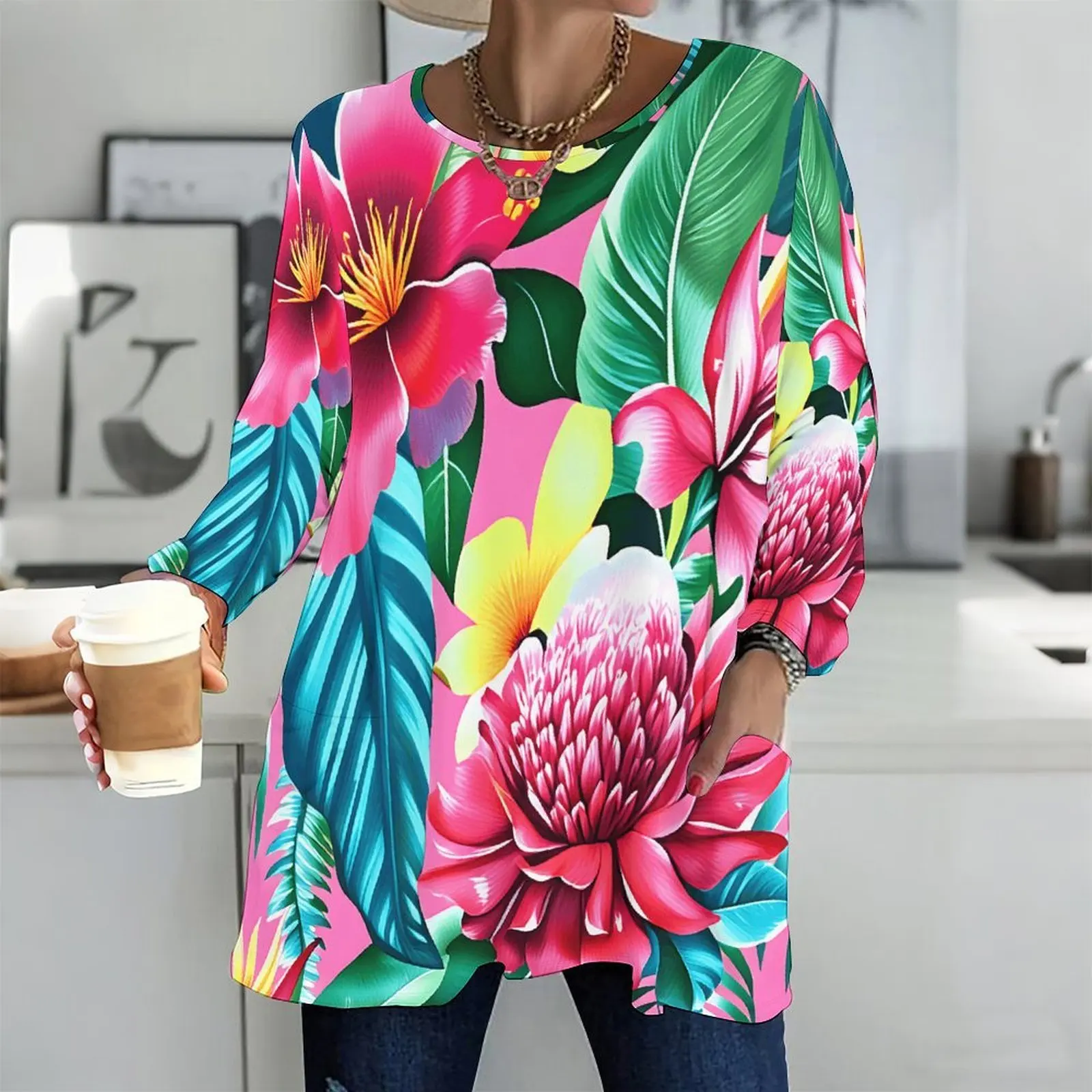 Round Neck Long Sleeve Front Pockets Loose Fit Longline Printed Top for Women