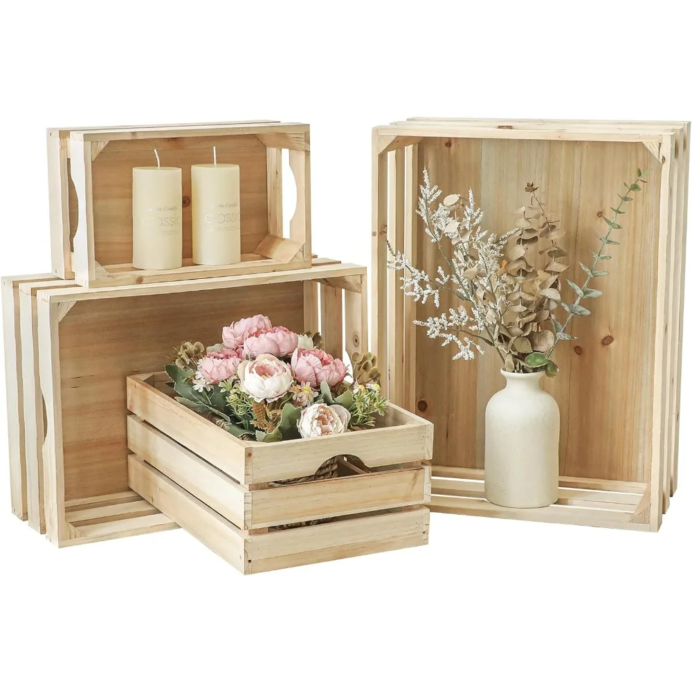

Large Wooden Crates Unfinished Set of 4 Storage Crates, Decorative Wood Storage Crate for Display Rustic,