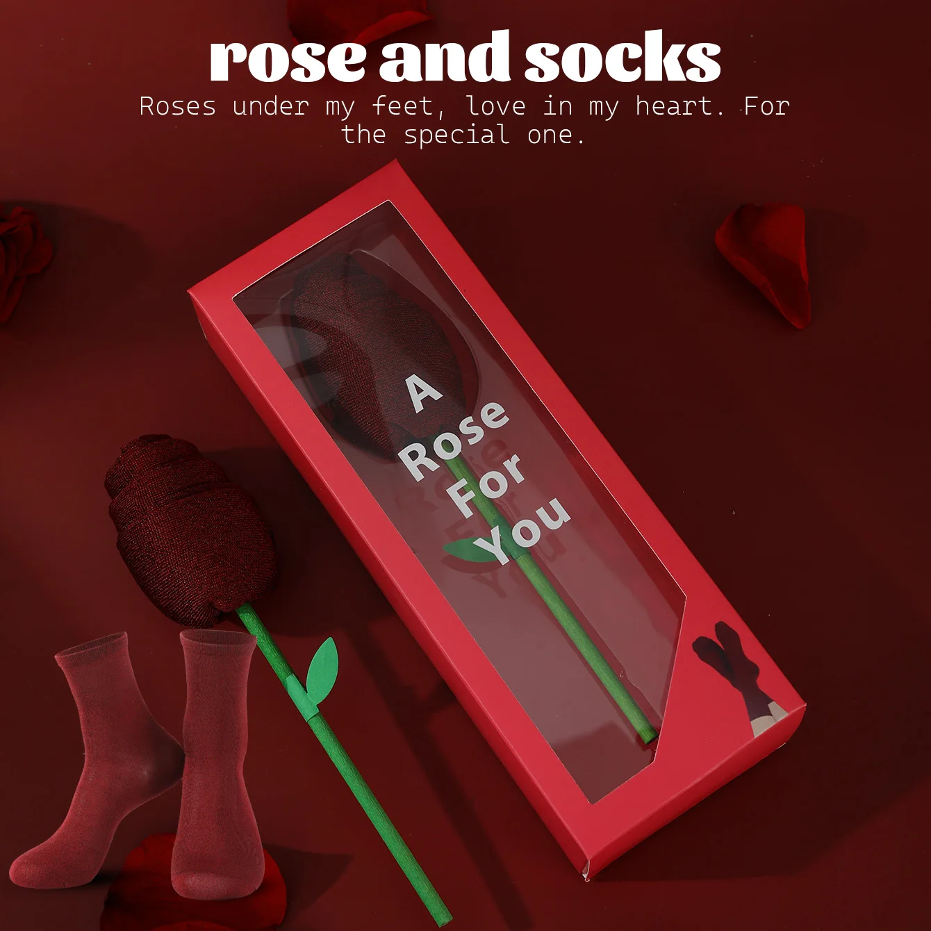 1 pair of unisex mid-calf socks in a novel and interesting dark red rose gift box, creative socks with a fashionable and trendy style, comfortable and breathable, suitable for parties, casual wear, Valentine's Day, Halloween, birthdays, Christmas, New Year, Thanksgiving, autumn and winter, all-season creative gift box