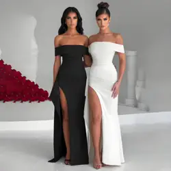 Elegant Evening Dress, Solid Color, Off-Shoulder, Women's Sexy High-Waisted Side-Slit Long Dress, Formal Maxi Ladies' Party Evening Dress