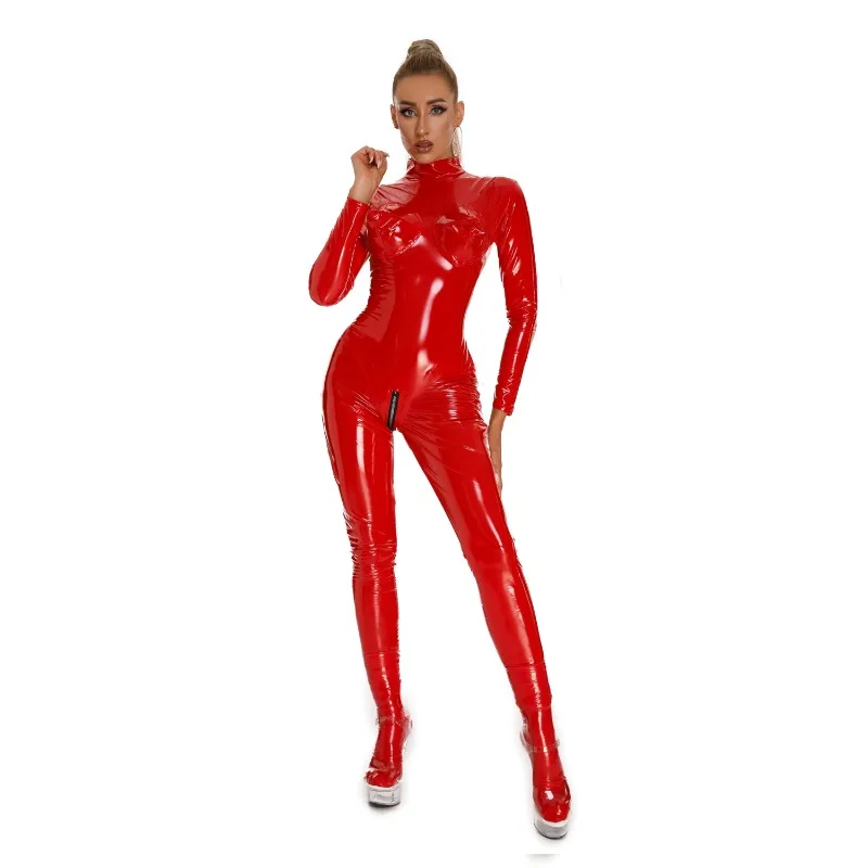 Shiny PVC Leather Jumpsuit for Women Hot Porn Zipper Open Breast Exposing Wetlook Sheath Latex Bodysuit Long Sleeve Body Suit