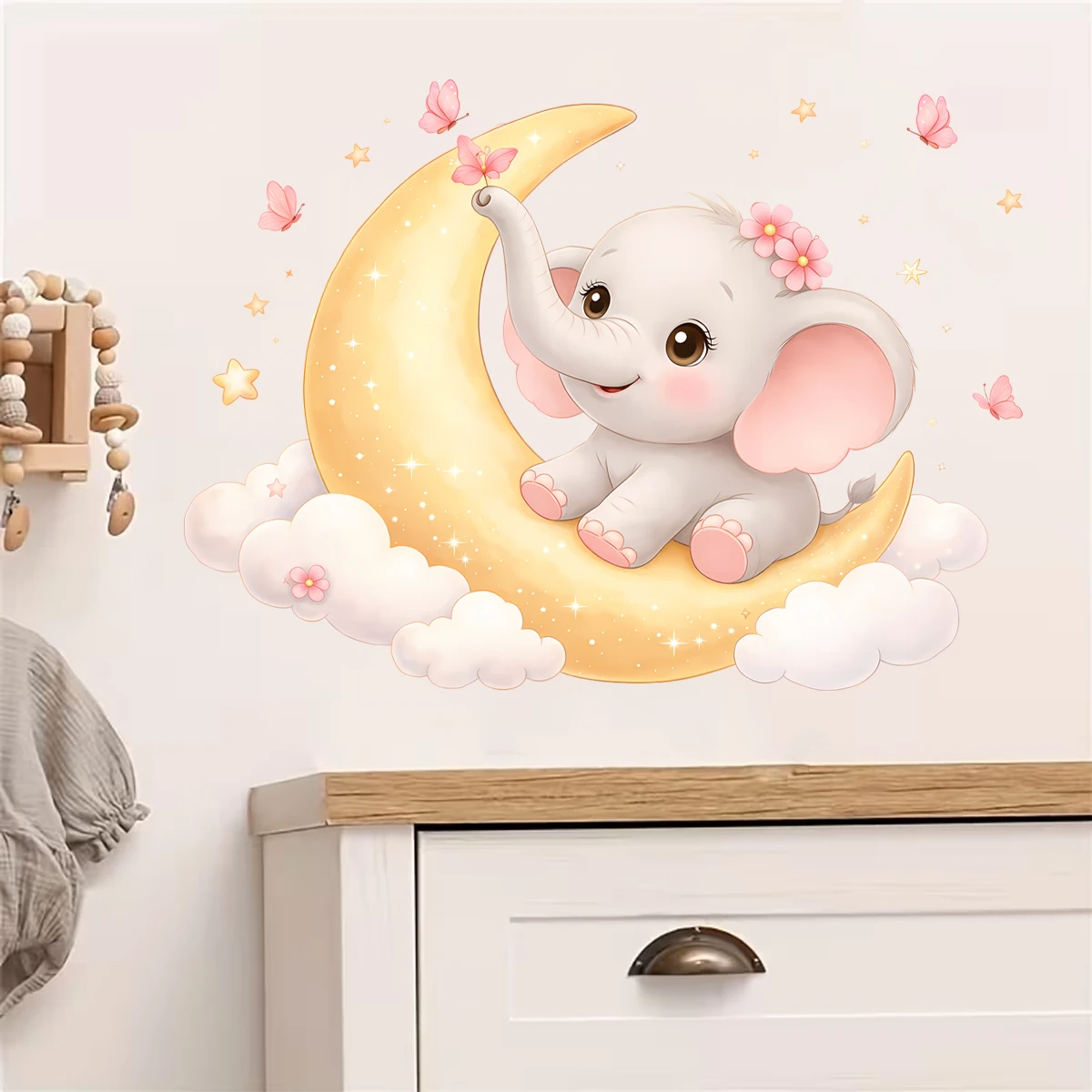 

Cartoon Baby Elephant Moon Wall Stickers, Butterfly Star Cloud Wall Decals, Removable Nursery Decor for Baby Girls Bedroom