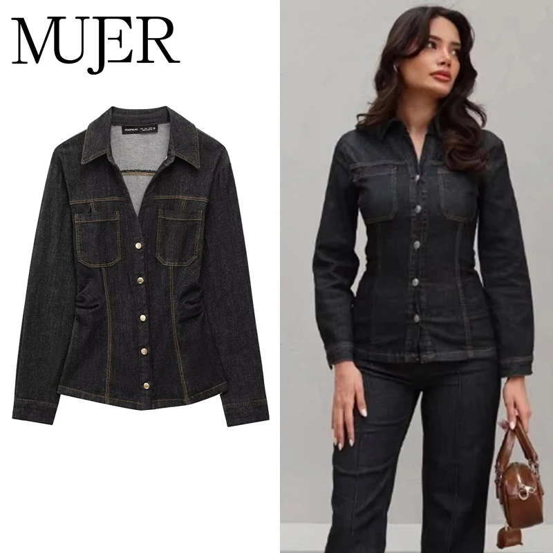 

MUJER 2025 Denim Women's Shirt Set Fashion Button up Shirts for Women Long Sleeve Shirts and Blouses Woman Fitness Casual Shirts