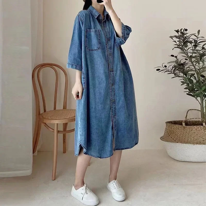 CHICEVER Retro Oversize Denim Mid Dress for Women Lapel Long Sleeve Loose Waist Patchwork Single Breasted Fashion Dresses Female