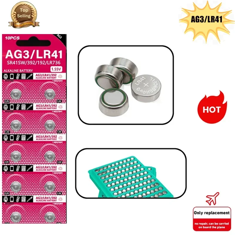 10-500PCS  LR41 Battery Zinc-manganese AG3 1.55V SR41 192 L736 384 SR41SW CX41 392 Cell Coin for Watch Toys Lamp Chain Hearing