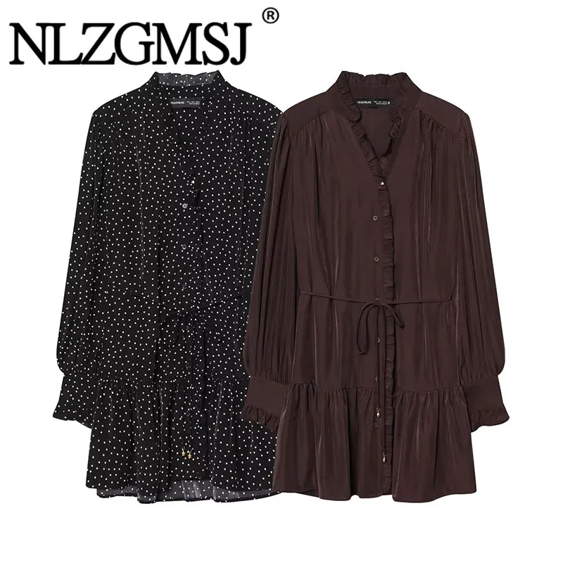 Nlzgmsj 2026 Frühling Damen Neue Mode Gerüschtes Langarm Loses Kurzes Minikleid Lässige Urlaubskleider