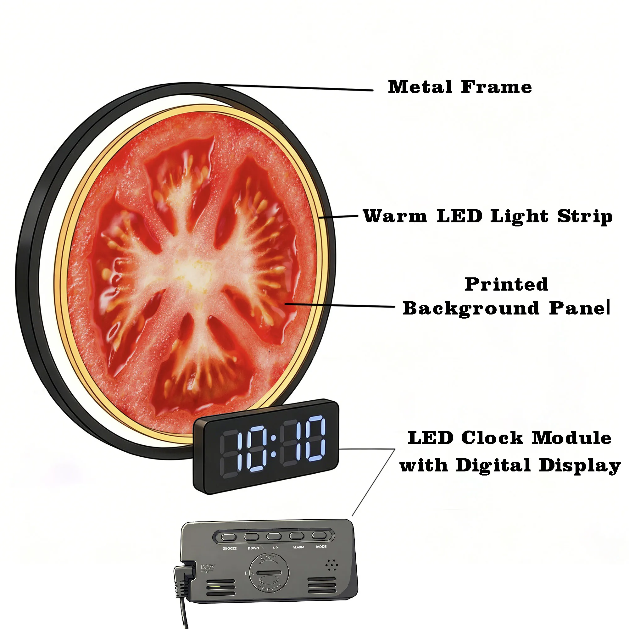 Tomato Slice Digital Wall Clock with LED Night Light Displays Calendar Date Temperature for Kitchen Dining Room Home Decor Clock
