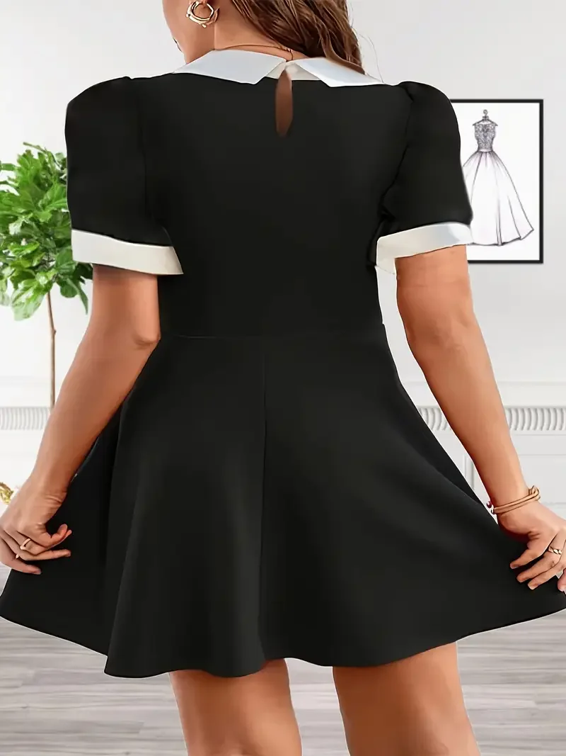 Plus ขนาด 1XL-5XL ผู้หญิง Elegant Contrast Collar แขนสั้นชุดผู้หญิงแฟชั่นติดตั้งฤดูร้อนชุด