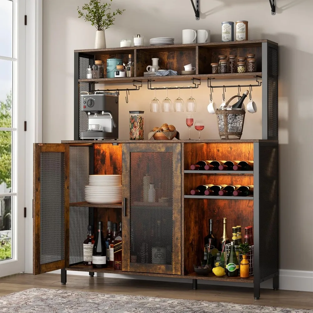 

Wine Bar Cabinet with LED Lights, Industrial Coffee Bar Cabinet with 3 Storage Compartments & Wine Rack &Glass Holder