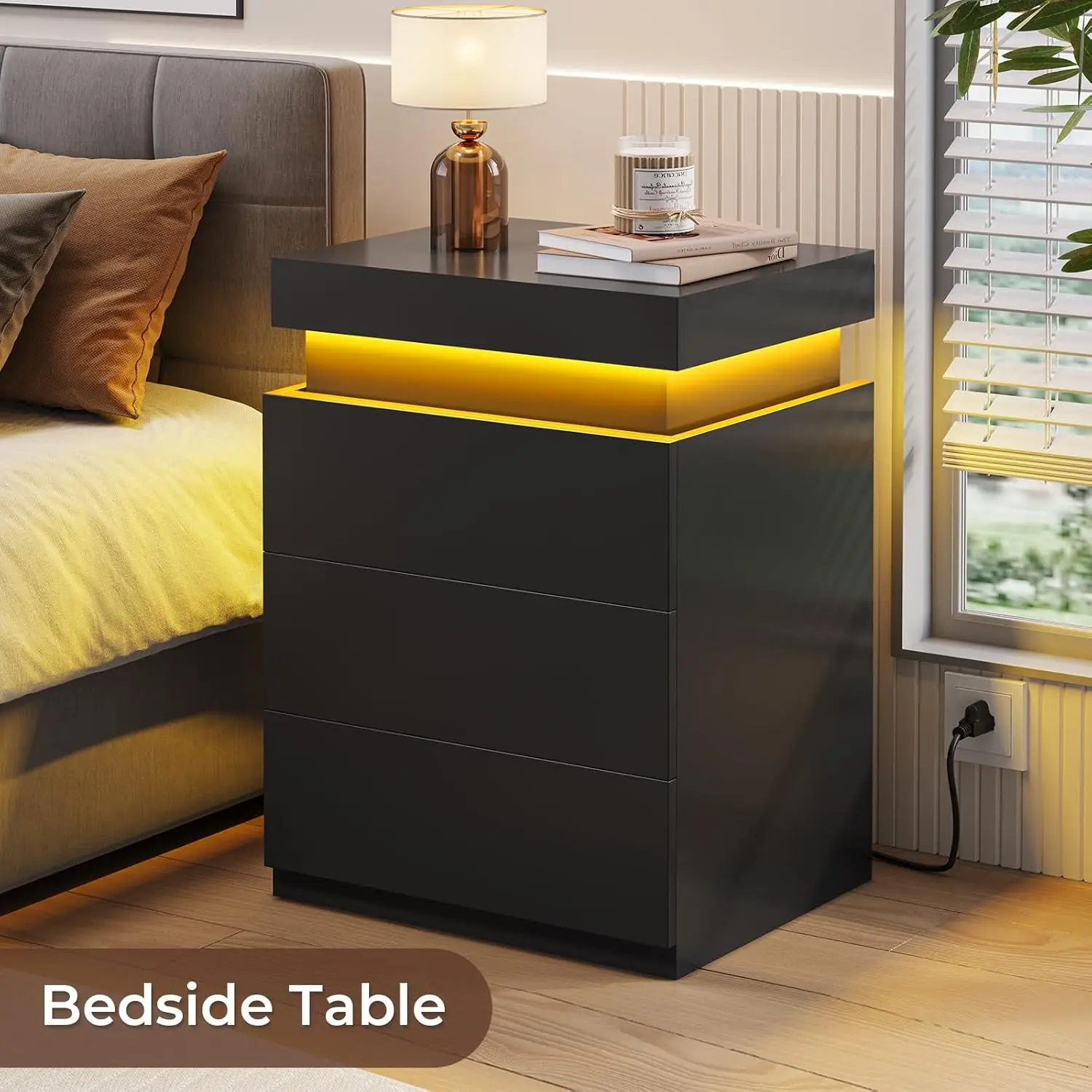 LED Nightstands Conjunto de 2, Suportes Noturnos para Quarto, Nightstand com estação de carregamento e parte superior deslizante