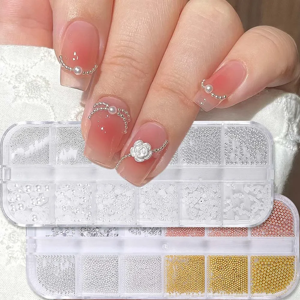 3d branco meia rodada pérolas, 12grids/caixa, ouro, prata, rosa, grânulo de aço, rebite, nail art acessórios, suprimentos