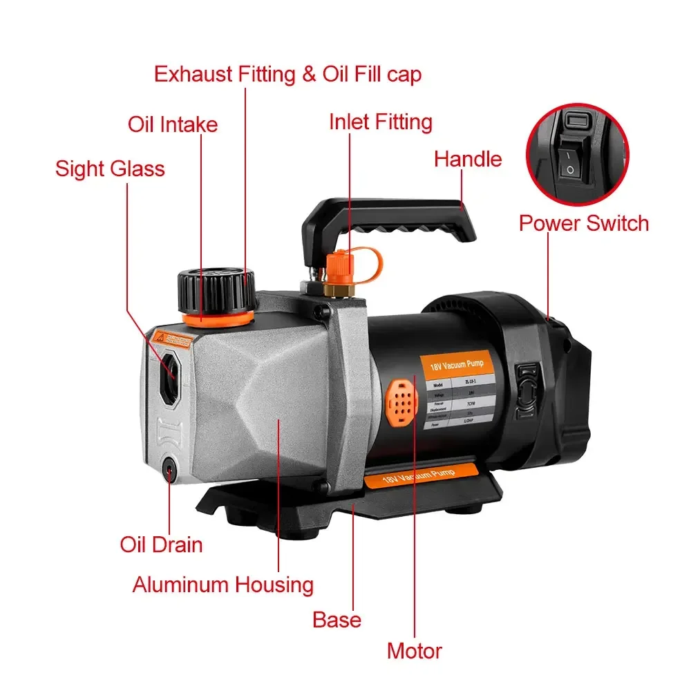 Cordless Refrigerant Vacuum Pump 7CFM 5PA 1/2HP 1/4 Air Inlet  For Household Air Conditioning For Makita 18v Battery