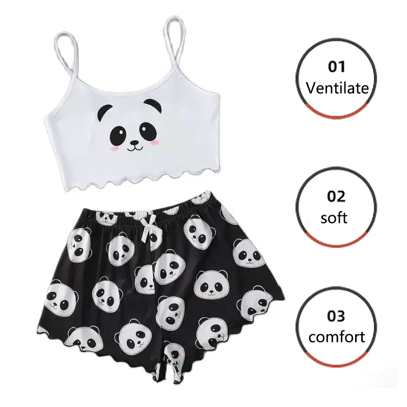 2PCS/Set Women Sleeveless Vest Camisole Top Shorts Loungewear Girl Pajamas Sexy Cartoon Panda Versatile Elastic Waist Suspenders