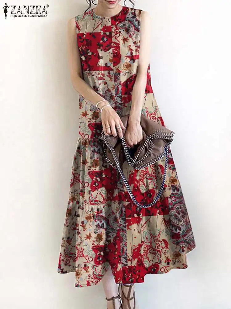 ZANZEA Women Bohemian Holiday Midi Dress Casual Loose Party Vestido Vintage Summer Sleeveless Floral Printed Sundress Robe Femme