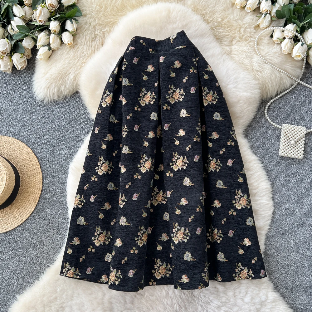 女性シックなジャカードシャーリングセクシーなスカート弾性ハイウエスト韓国ファッション A ライン秋服