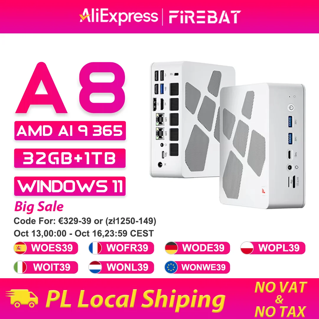 Firebat A8 Mini-PC AMD Ryzen AI 9 365 32GB DDR5 1TB PCIe4.0 SSD Windows 11 OCuLink USB4*2 WiFi6 Gaming-Desktop-Computer