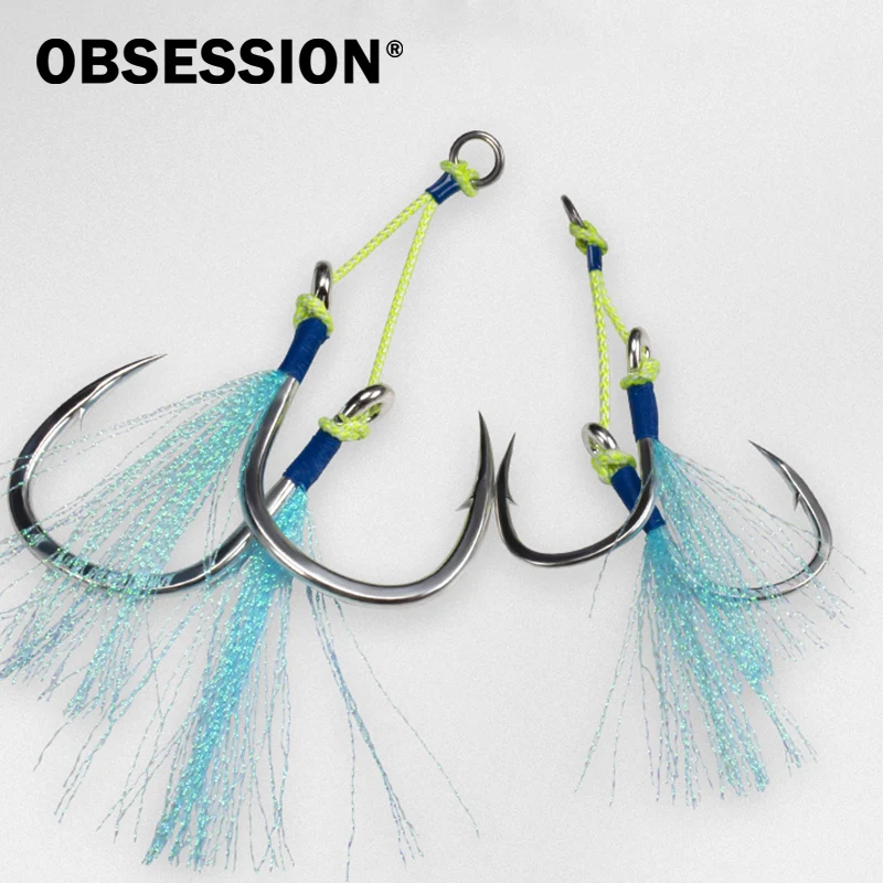 

OBSESSION HK035 8062 Cast Jigs Assist Hook 10pcs/bag High Carbon Steel Fishing Hook Glow Feather Wire Double Jig Assist Hooks