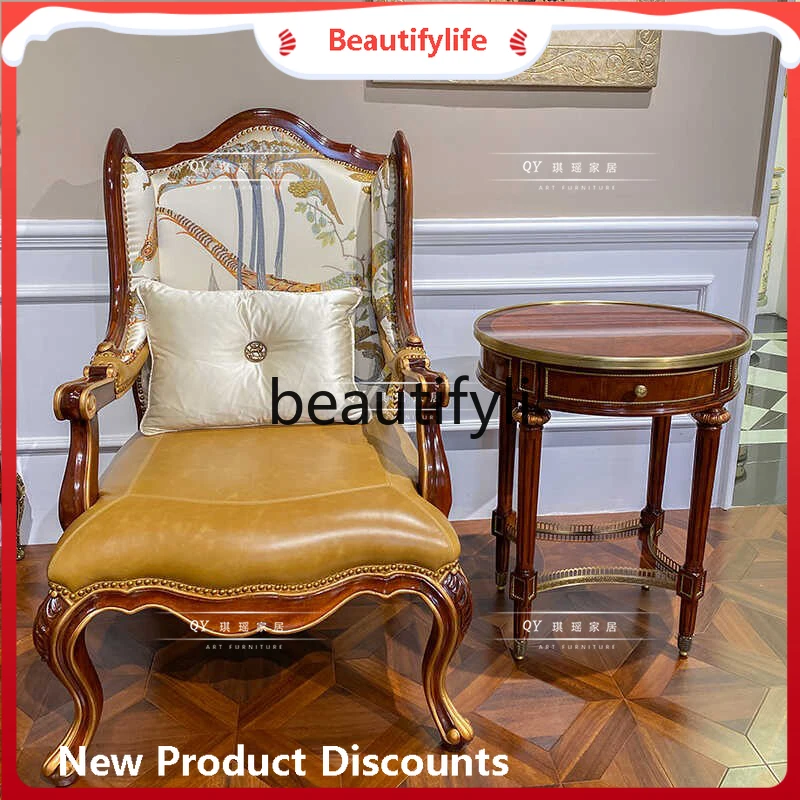 

CQY English Classical Mahogany Round Corner Table Pure Copper Decorative Piece Coffee Table Sofa Side Table