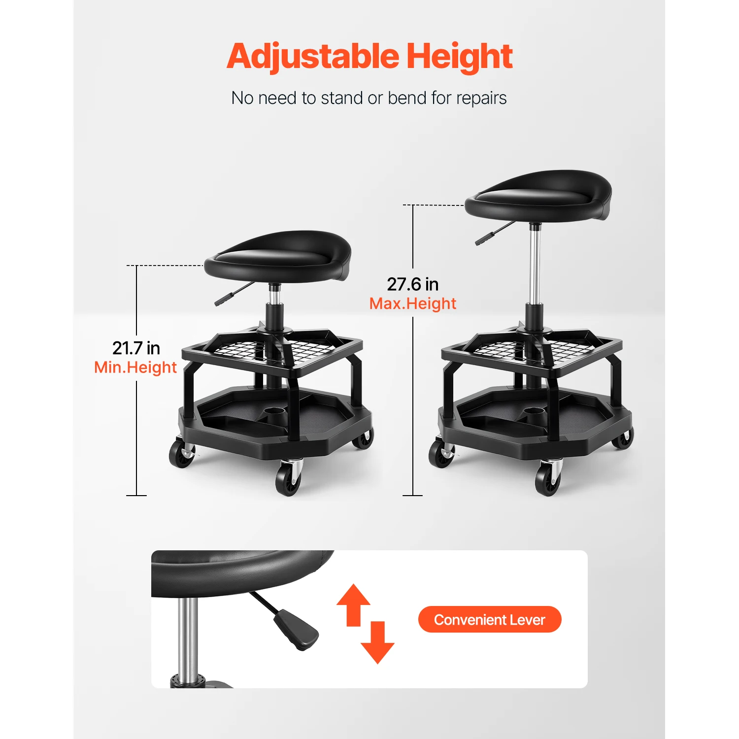 SucceBuy Rolling Shop Stool Pneumatic GarageSeat w/ 300lb Capacity Adjustable Height 360°Swivel Padded Workshop Stool w/ Casters