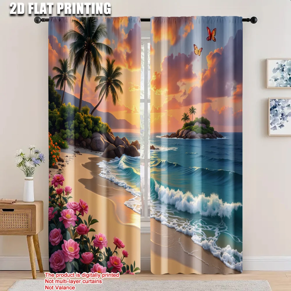 

2pcs, 2D flat printing Party Curtains Beach sunrise Versatile 100% Polyester,Without Electricity Family Party Suitable for