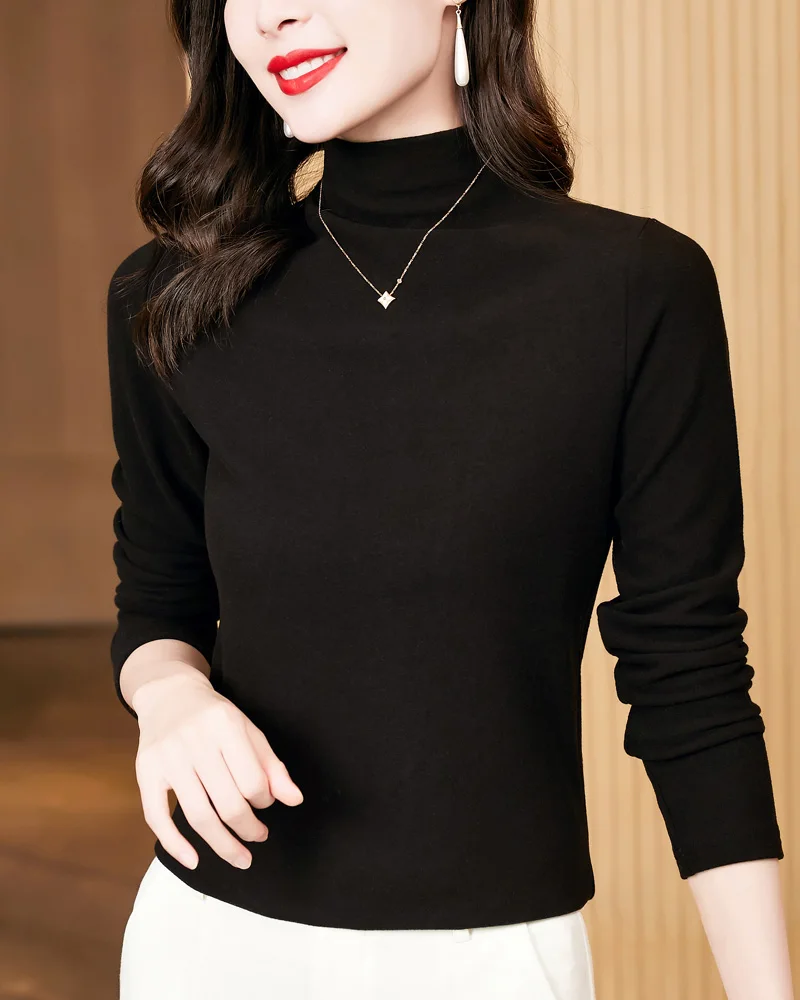 2024 New Arrival Charming Smooth Solid Fleece Velvet Trend Women's T-Shirt Long Sleeves Half Turtleneck Fall Winter