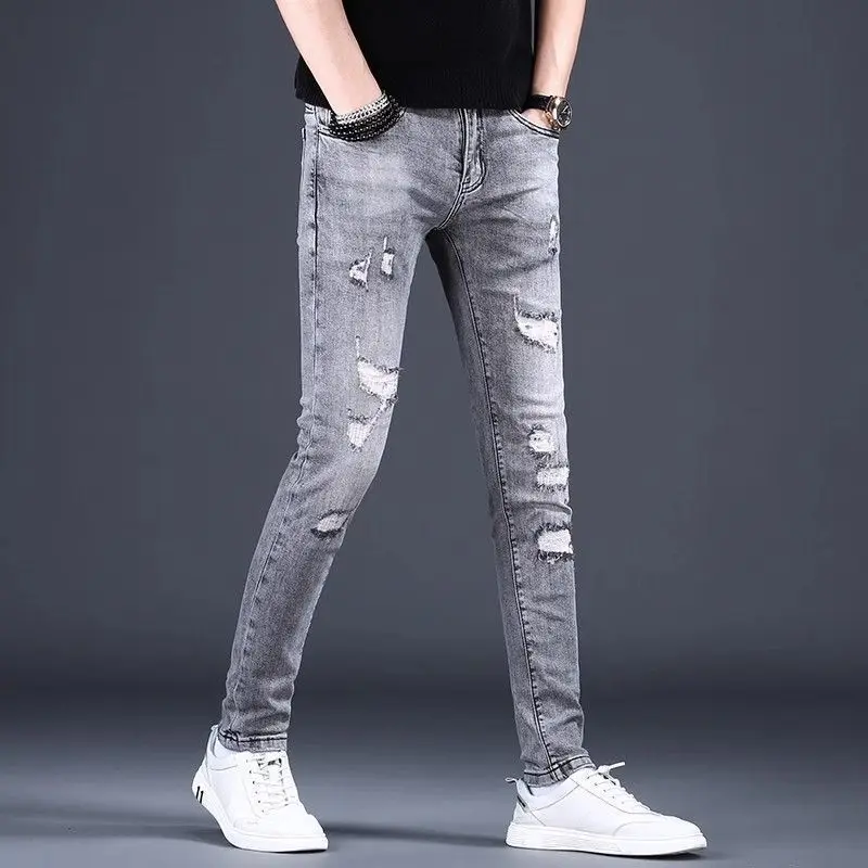 

Korean Popular Clothes Men High-end Ripped Jeans Men's Slim-fitting Pants 2025 Smoke Gray Ripped Patch Cargo Elastic Men's Pants