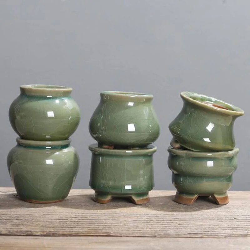 

6 шт./компл., ледяная трещина, келадон, сочный горшок для растений, большой палец, дышащая ваза для бонсай, цветочный горшок, настольные украшения, садовый художественный домашний декор