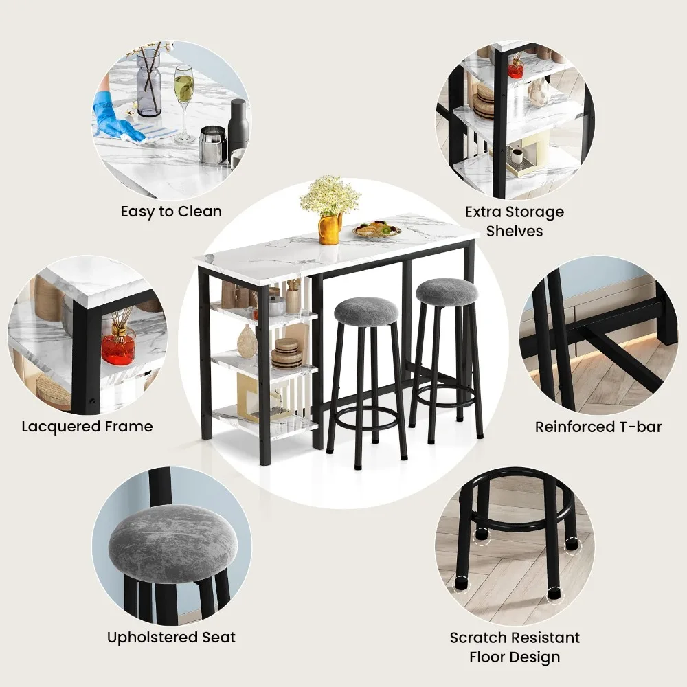 Conjunto de mesa de bar com prateleiras de armazenamento, mesa moderna de café da manhã em mármore falso branco de 47" com 2 bancos de veludo, conjunto de jantar de 3 peças para 2