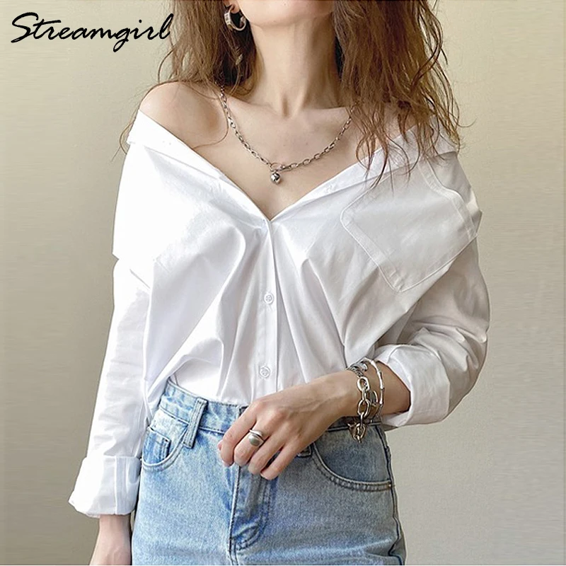 White Blouse Shirts Women Cotton Tunics Autumn Long Tops White Button Shirt Feminine Blouses Spring Oversize Shirts Blouses