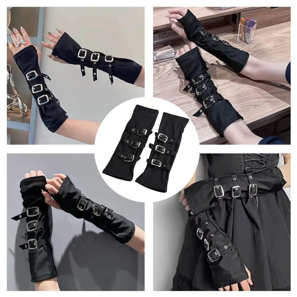 New Gothic Punk Style Metal Buckle Half Finger Gloves Lolita Cosplay Women Sun Protection Elasticity Arm Sleeves