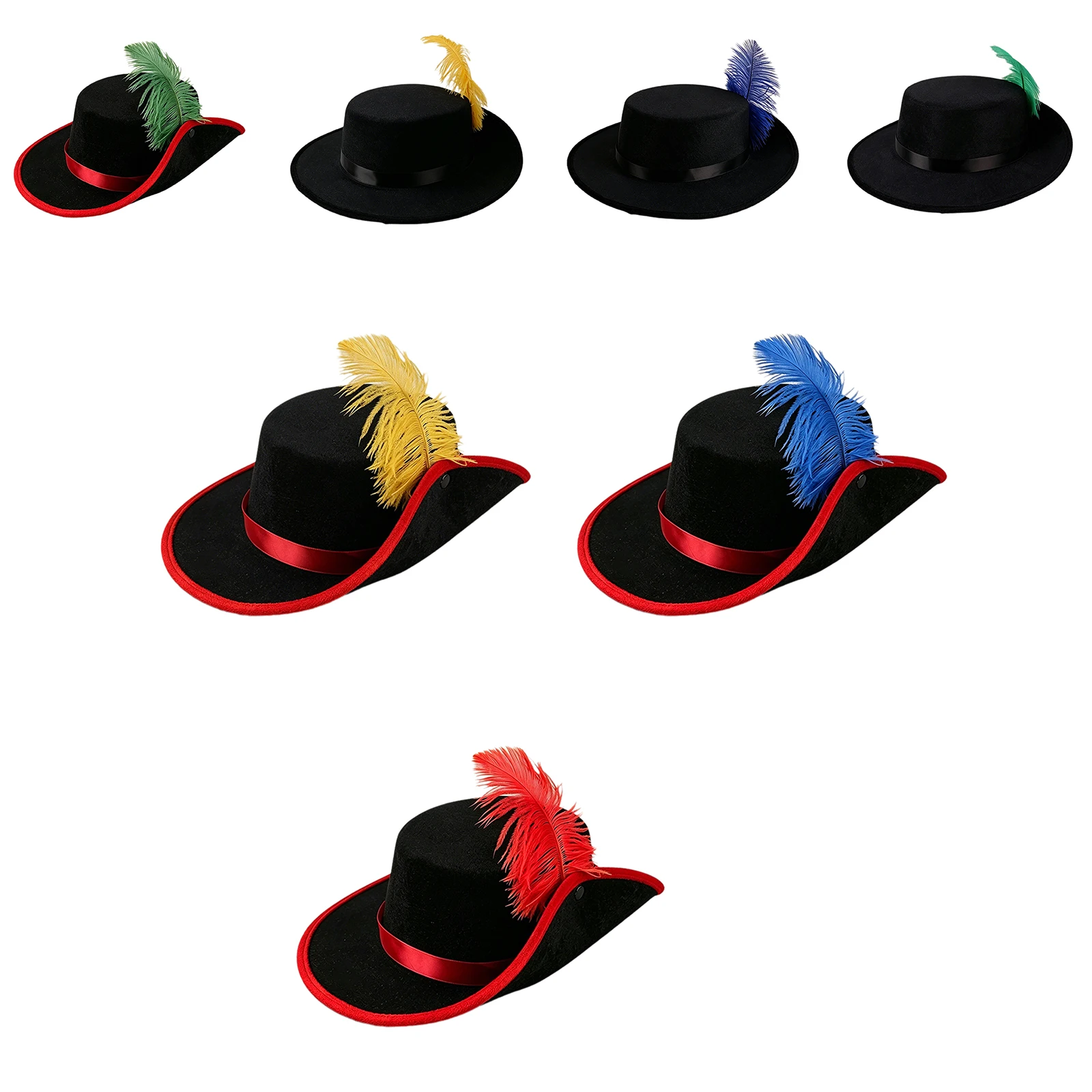 Men Women Press Button Design Vintage Hat Cap with Faux Feather Decoration for Themed Party Cosplay Masquerade Halloween