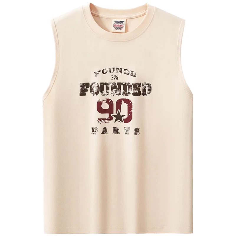 2025 Summer New American Retro Sleeveless O-neck Letter Printed T-shirt Men's Fashion 100% Cotton Basketball Sports Casual Vest