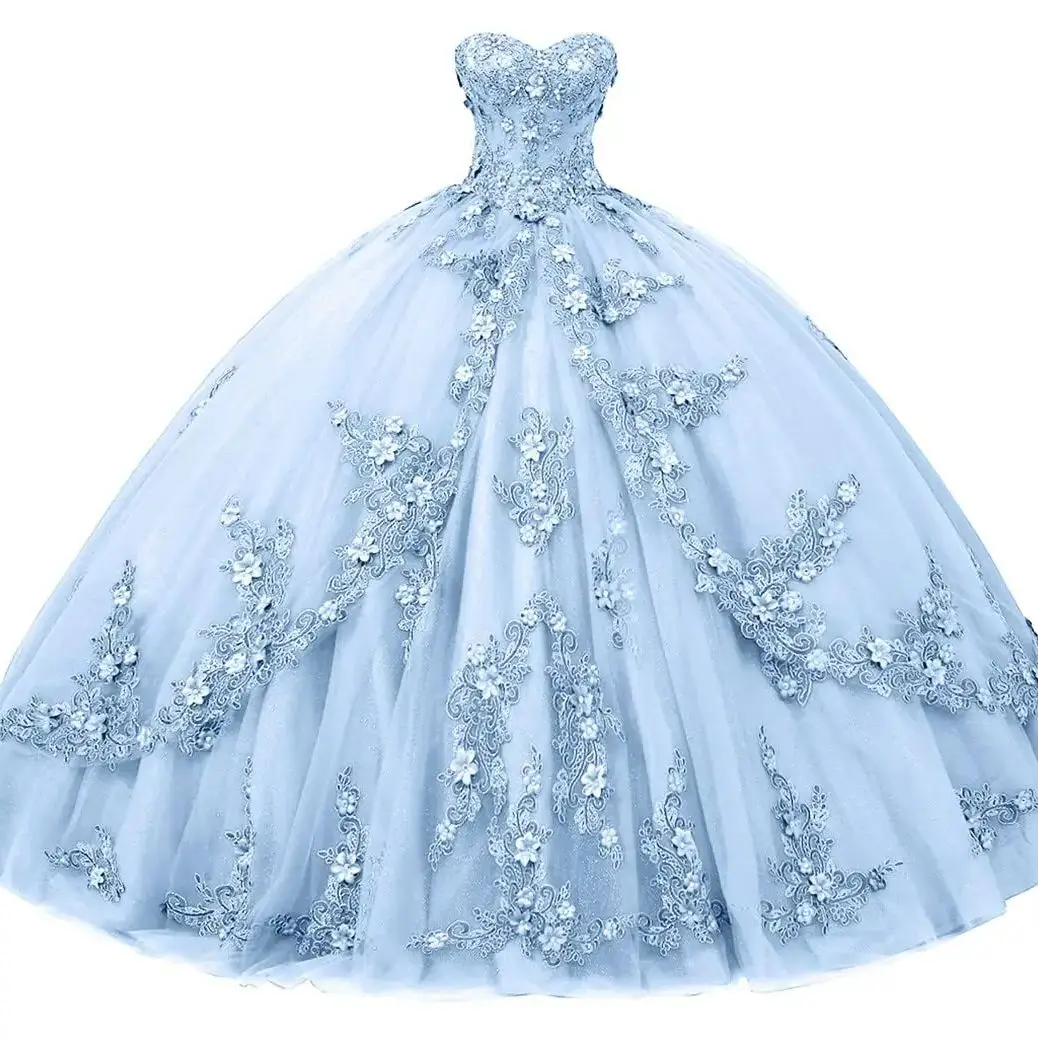 Long Sweetheart Quinceanera Dresses for Women Strapless Corset with Floral Appliques Beaded Tulle Prom Dress