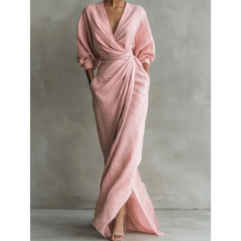 

New Elegant Solid Color Collar Long Sleeved Slit Waist Pocket Long Dress