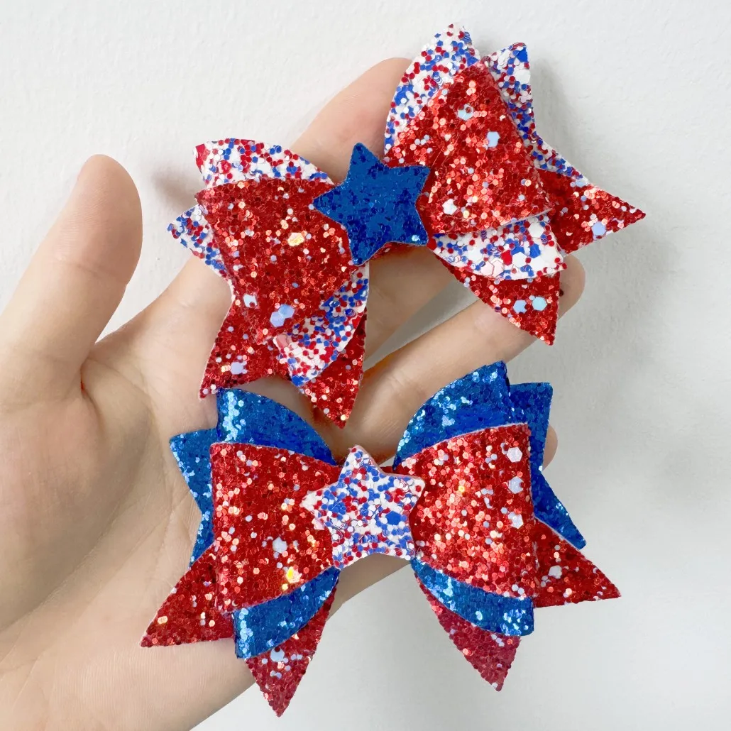 4th of July Hair Bows Hair Clip Girls Glitter Red White Blue Sequin Bows Barrettes Independence Day Party Decor Accessories