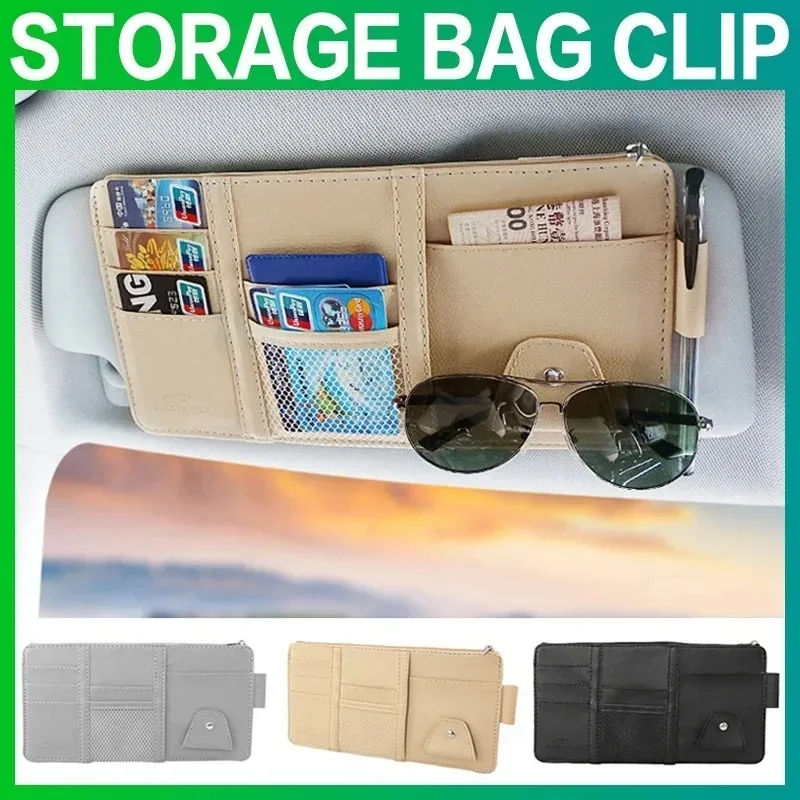 Leather Car Sun Visor Organizer - Storage Pouch with Card Holder, Glasses Clip, Pen Holder, Cash Pocket