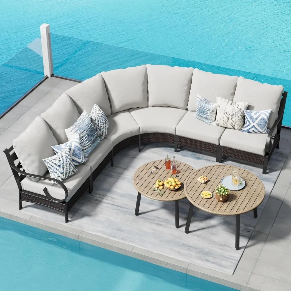 

Half-Moon Patio Furniture Set 8 Piece, Curved Outdoor Sectional Sofa Conversation Sets for 6 Persons with 2 Coffee Table