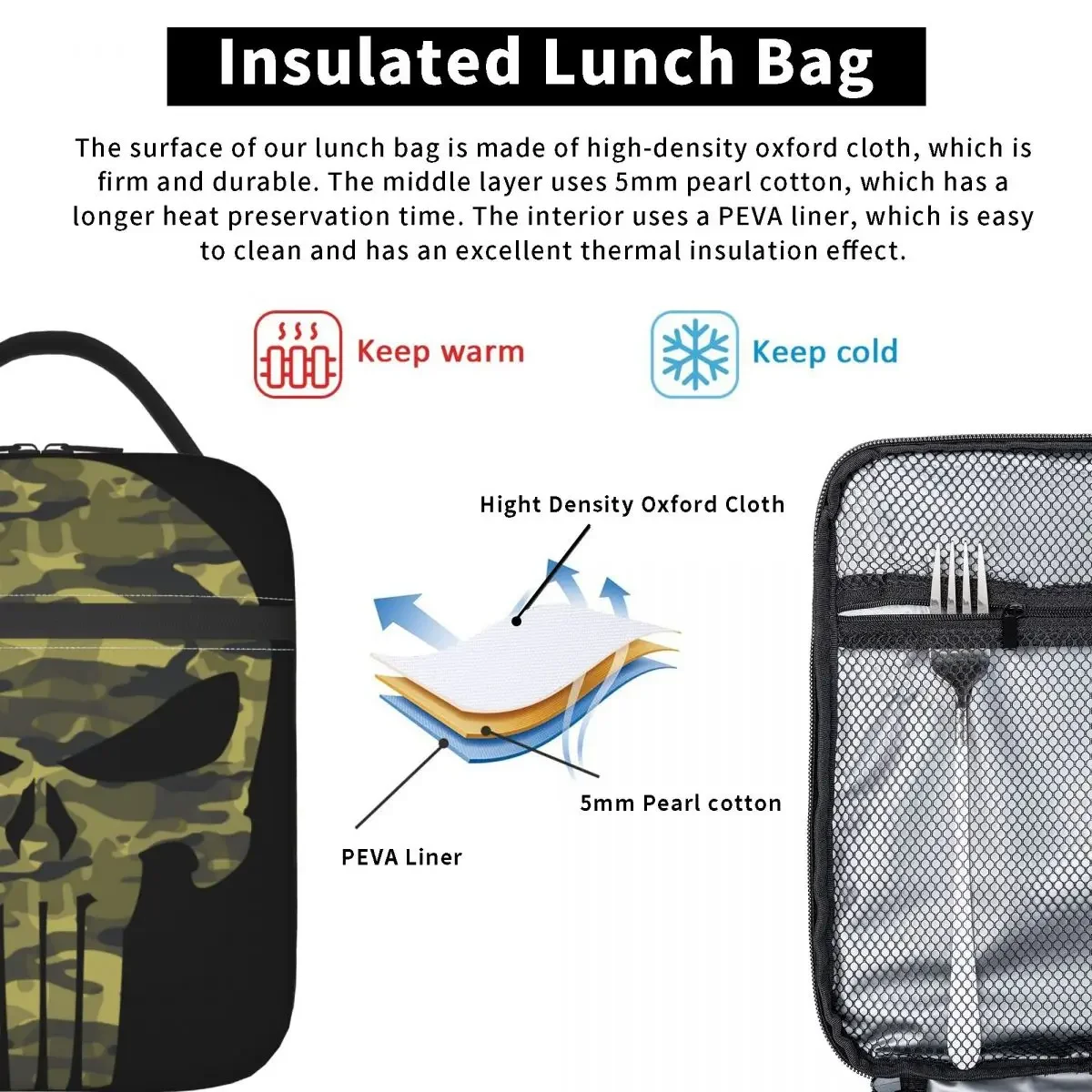 Custom Punisher Skull Camouflage Portable Lunch Boxes Multifunction Thermal Cooler Food Insulated Lunch Bag Office Work