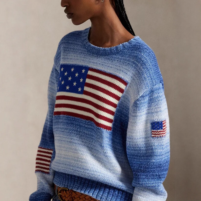 

‌2026 New Arrival Women's Vintage American Flag Print Round Neck Long Sleeve Gradient Knit Sweater Top Trendy & Cozy Fall Winter