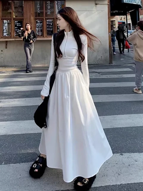 QWEEK 2024 Autumn Korean Style Zip White Dress Women Kpop Wrap Long Sleeve  Long Dresses Streetwear Solid Simple Ladies Chic - AliExpress