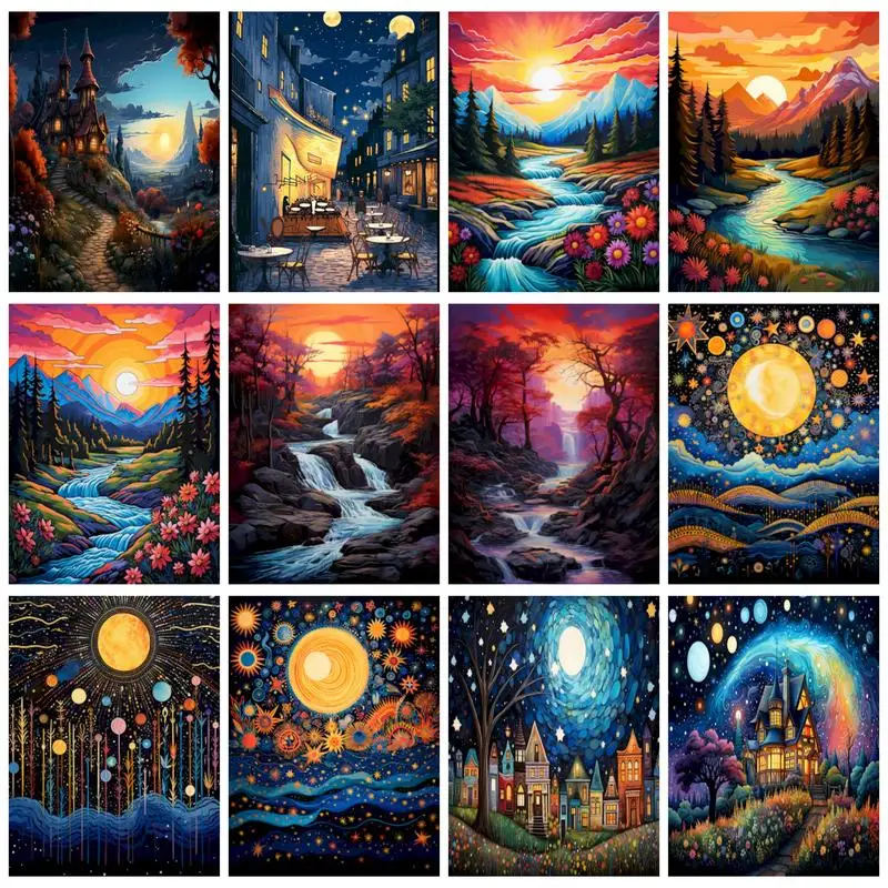 

PhotoCustom Diy Painting By Numbers Kits For Adults Colorful Starlit Sky Landscape Picture On Numbers For Home Decors