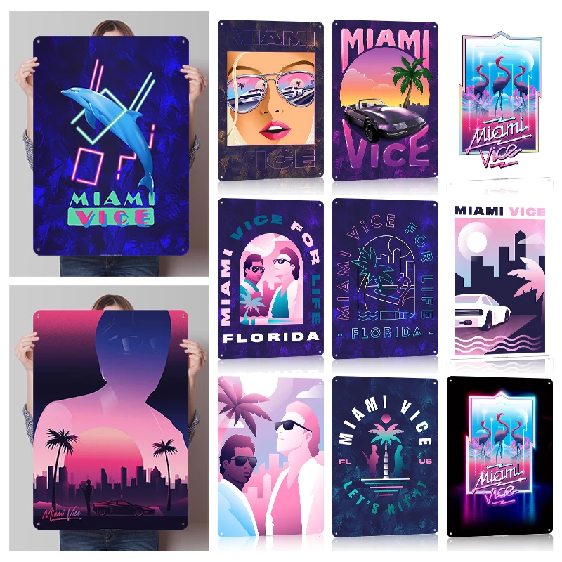 Miami Vice Printed Posters Customizable Wall Art Retro Vintage Metal Tin Signs for Home Room Office Decoration Gaming Desk Decor