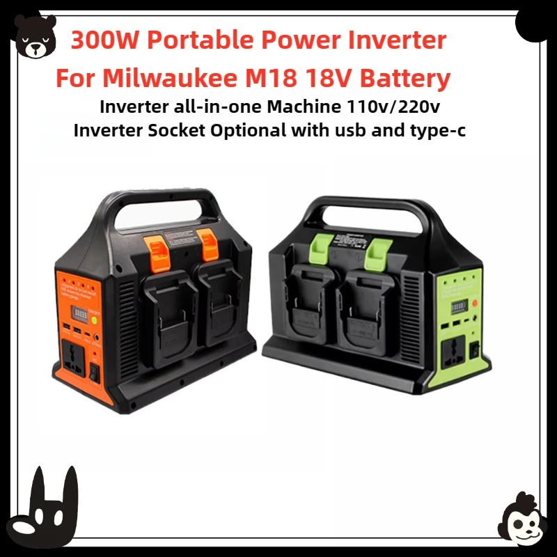 

300W Power Supply Inverter 4 USB Output for Outdoor For Milwaukee M18 18V Battery 4-Port to AC 110-120V/220V 300LM LED Light