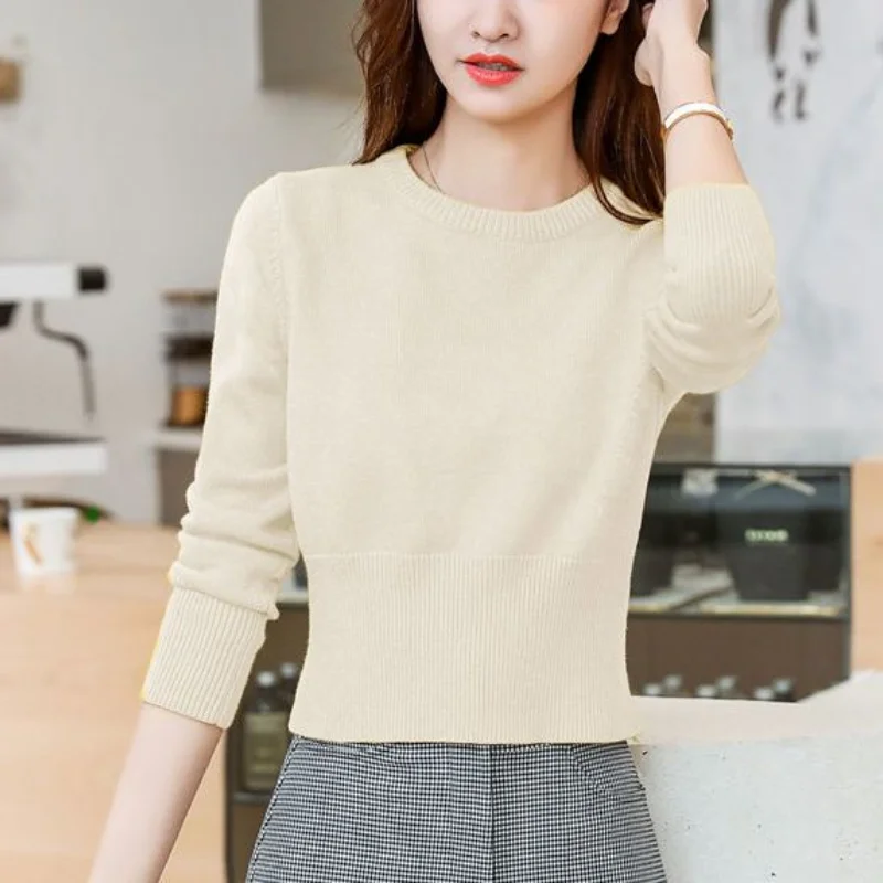 Women Autumn Winter New O-Neck Pullover Sweater Commuting Simple Knit Bottom Shirt Slim Look Thinner Versatile Long Sleeved Tops